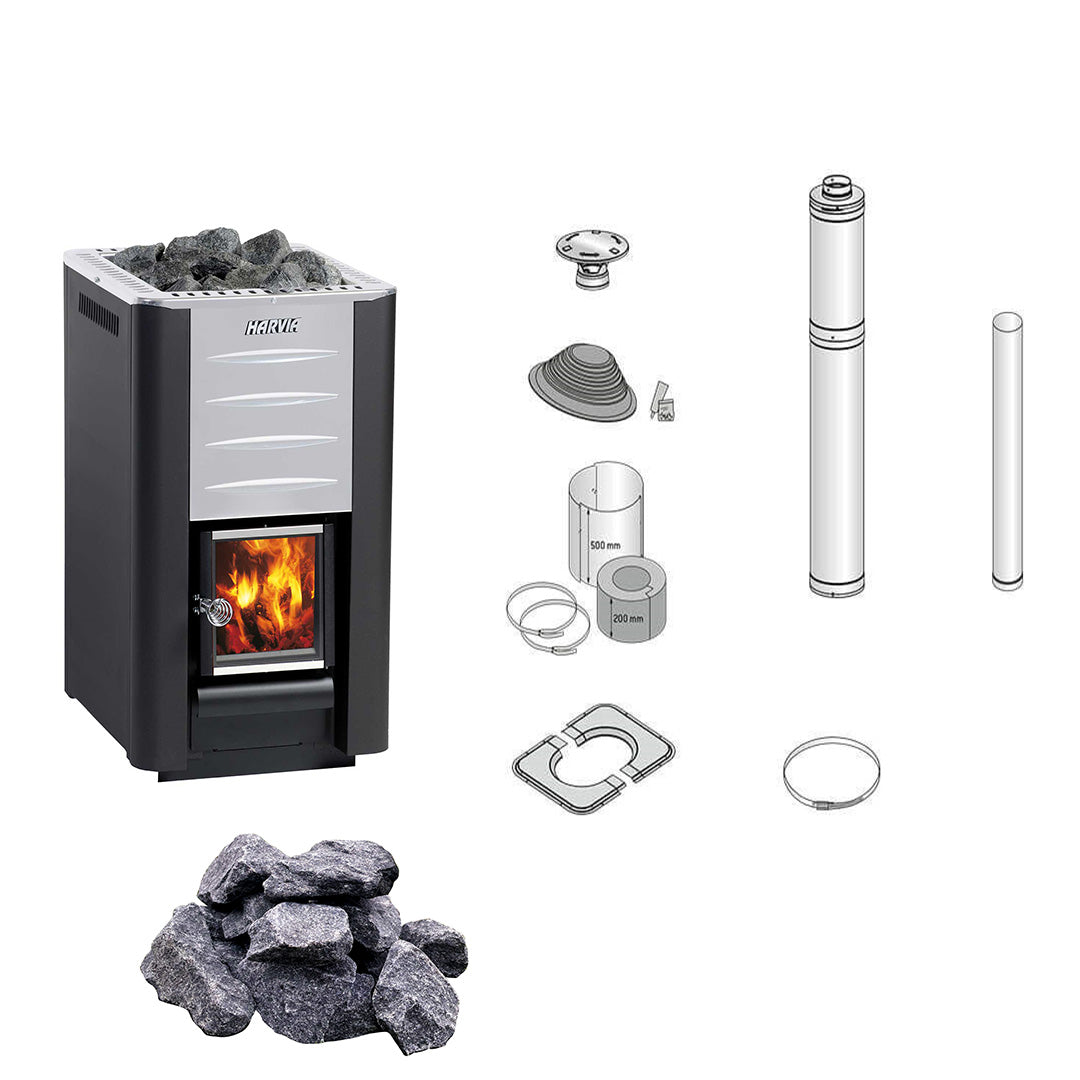 Harvia 20 Pro | Saunakachel hout complete set met BimSchV niveau 2 - inclusief schoorsteenset naar keuze & 40 kg saunastenen | 14,3 kW
