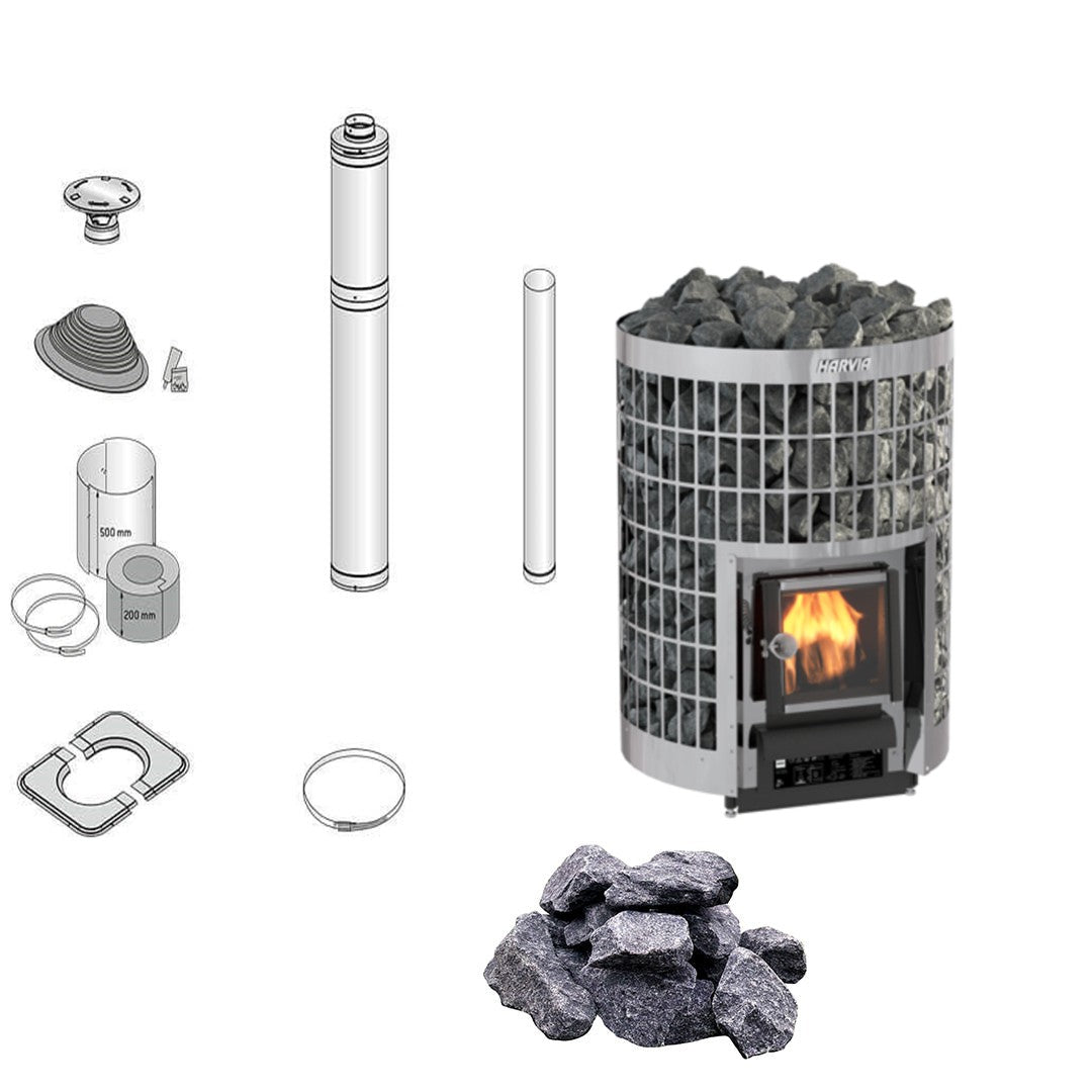 Harvia Cilindro 20 | Saunaofen Holz Komplettset mit BimSchV Stufe 2 - inkl. Schornsteinset nach Wahl & 120 kg Saunastein | 17 kW
