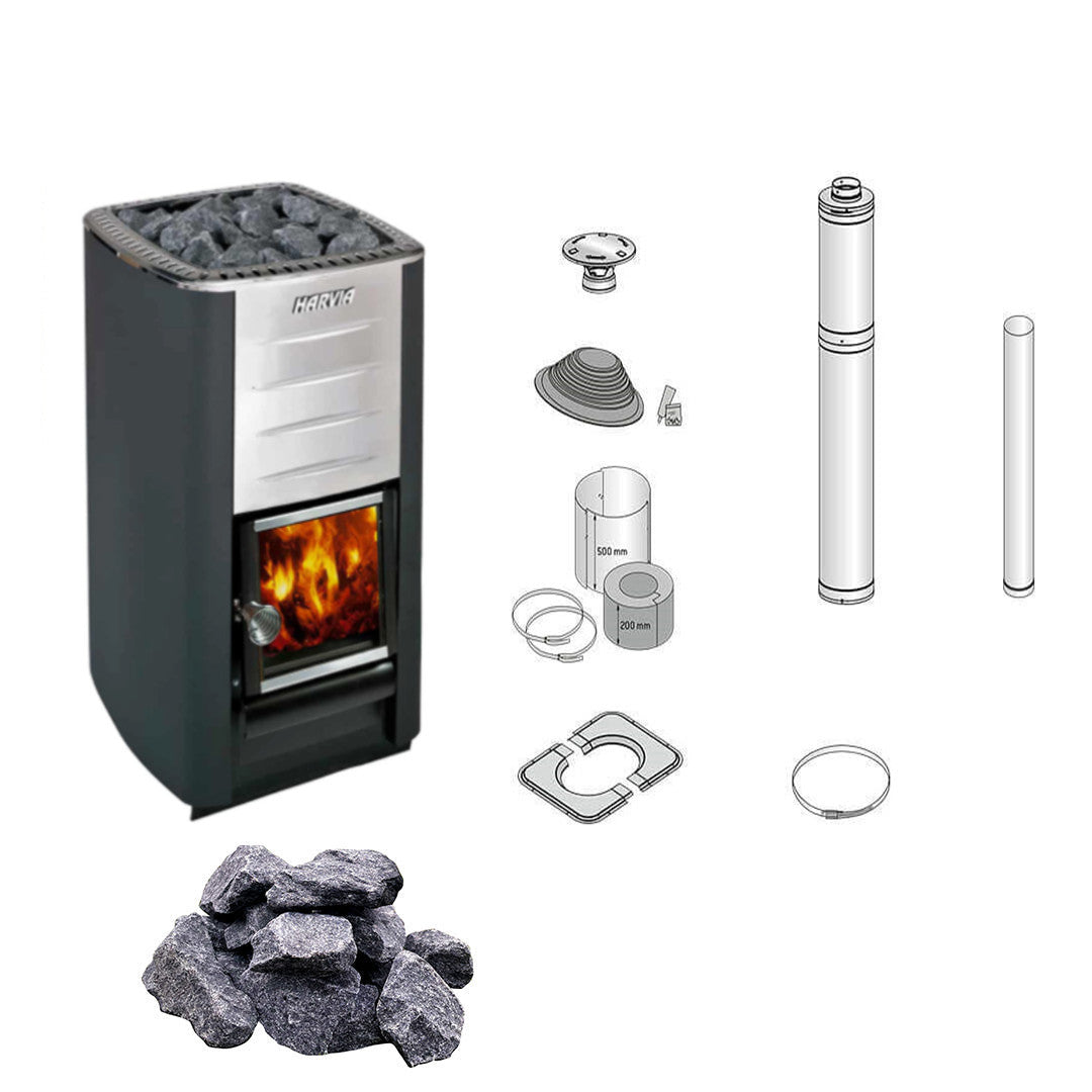 Harvia M3 | Saunaofen Holz Komplettset inkl. Schornsteinset nach Wahl + 20 kg Harvia Saunasteine 10-15 cm | 16,5 kW