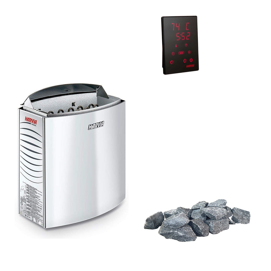 Harvia Vega E | Elektrische saunakachelset met Harvia CX110 bedieningspaneel + saunastenen | 4,5 kW / 6 kW / 8 kW / 9 kW